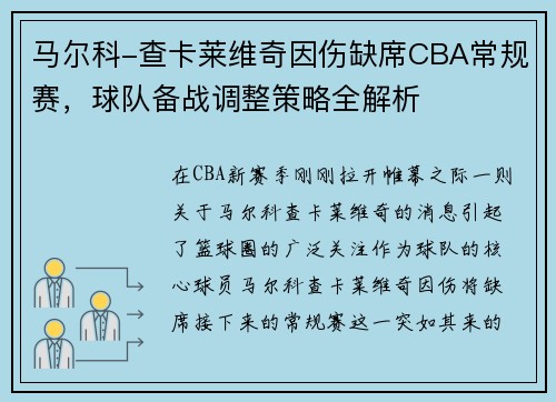 马尔科-查卡莱维奇因伤缺席CBA常规赛，球队备战调整策略全解析
